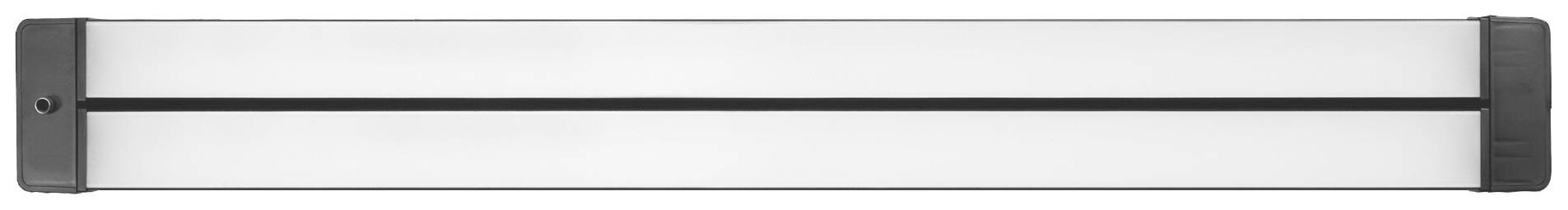 Ein länglicher, weißer LED-Leuchtbalken mit schwarzem Rand auf beiden Seiten. Der Leuchtstab hat eine schlichte, moderne Form.