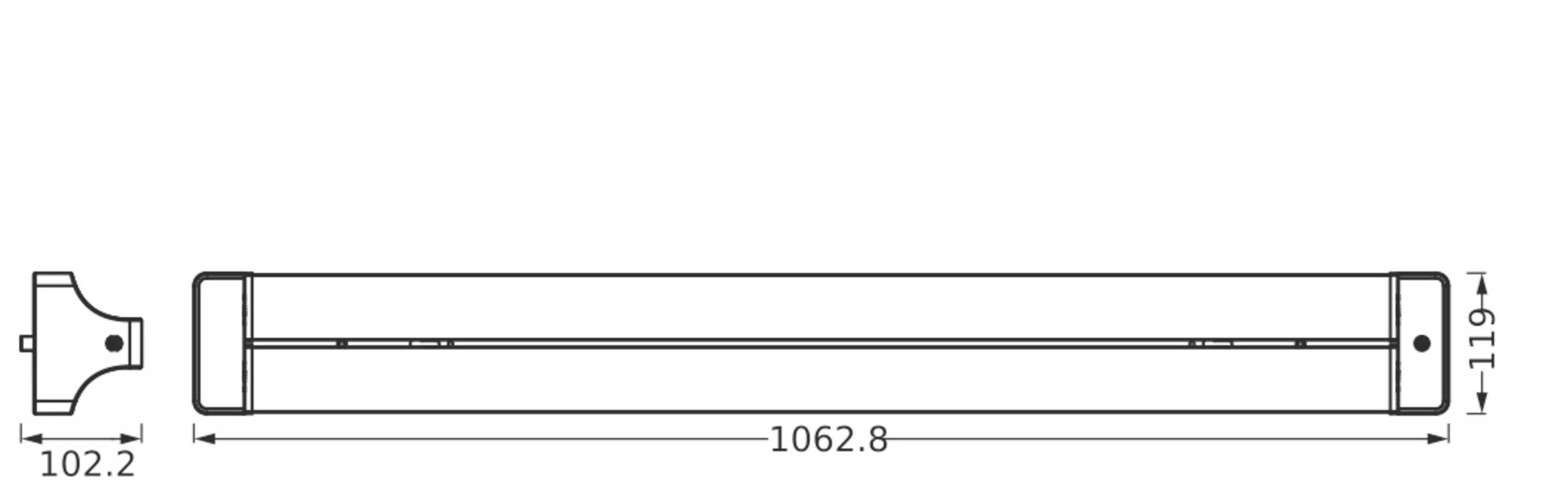 Technische Zeichnung eines rechteckigen Lichtbalkens mit Maßen: Länge 1062,8 mm, Breite 102,2 mm, Höhe 119 mm, zeigt Endansicht links.