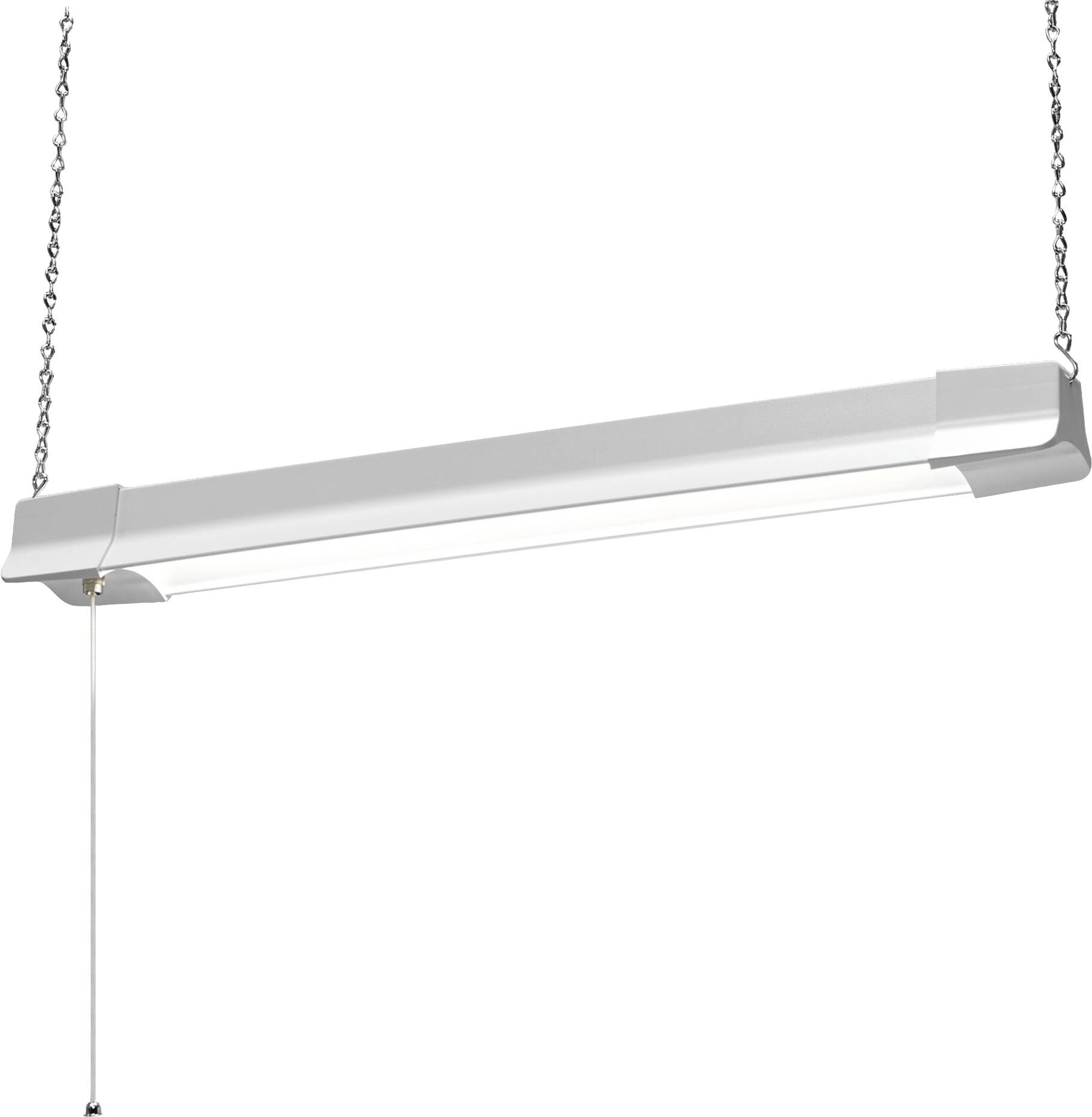 Eine moderne, hängende Leuchtstofflampe mit Zugschalter an silbernen Ketten, geeignet für Räume mit hoher Beleuchtung.