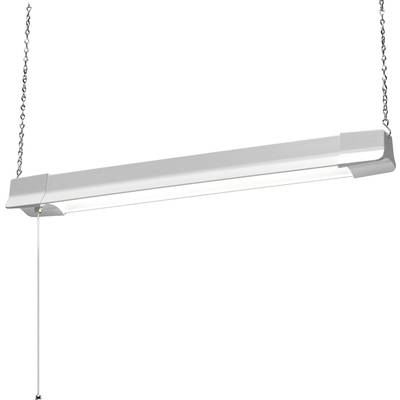 Eine moderne, hängende Leuchtstofflampe mit Zugschalter an silbernen Ketten, geeignet für Räume mit hoher Beleuchtung.