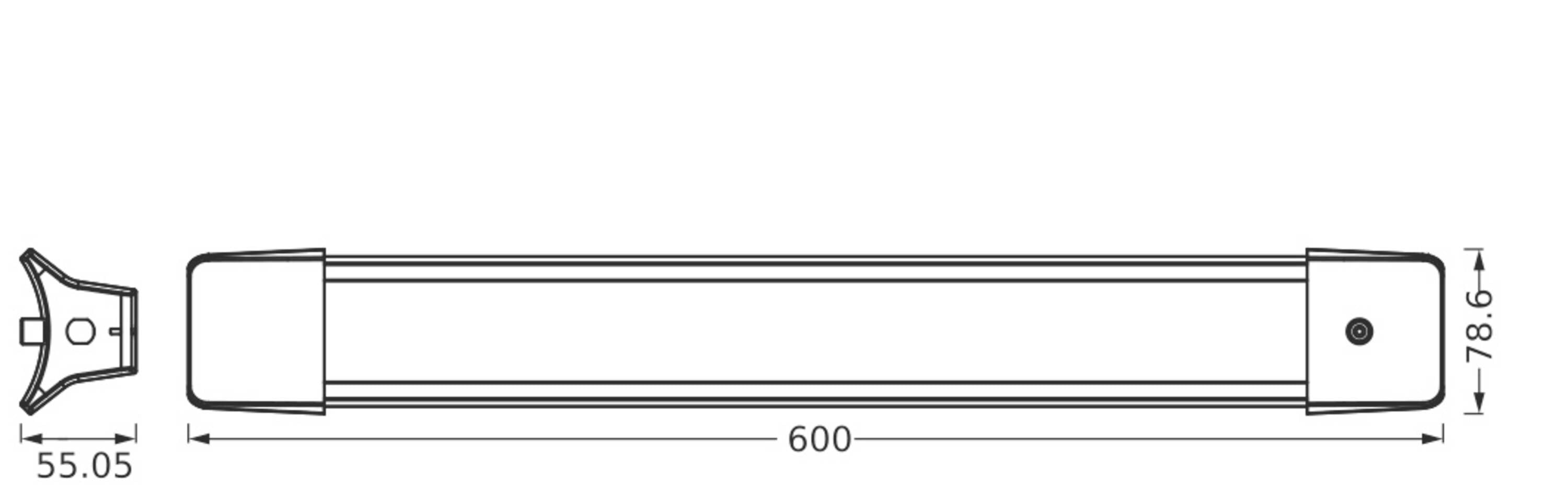 Technische Zeichnung eines rechteckigen Bauteils mit Maßen: Länge 600 mm, Breite 55,05 mm, Höhe 78,6 mm. Links ein dreieckiges Ende.