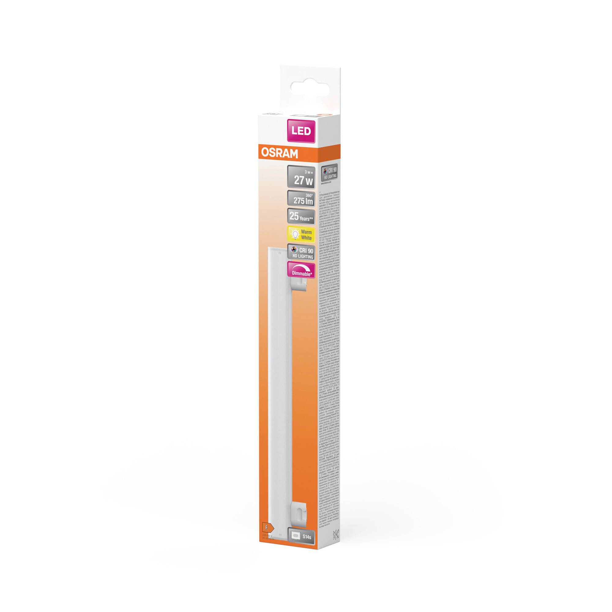Eine Verpackung für eine Osram LED-Röhre, 27W, zeigt ein Bild der Röhre und Produktinformationen, einschließlich Energieeffizienz.