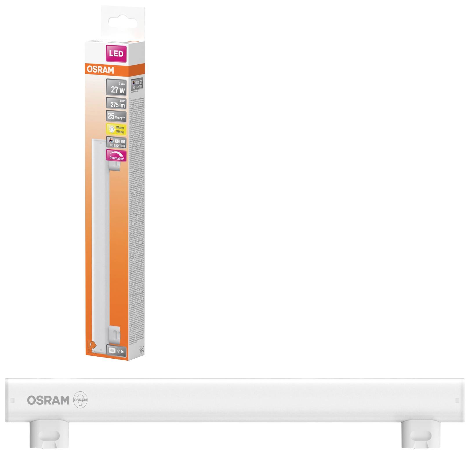Eine LED-Lampe von OSRAM mit Verpackung. Die Lampe ist 2,7W, 270 Lumen, 2700K. Verpackung zeigt Produktdetails und Markenlogo.