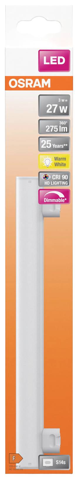 LED-Leuchtmittel von Osram in der Verpackung, 27W, 275 Lumen, 25.000 Stunden Lebensdauer, Sockel G5, warmweiß.