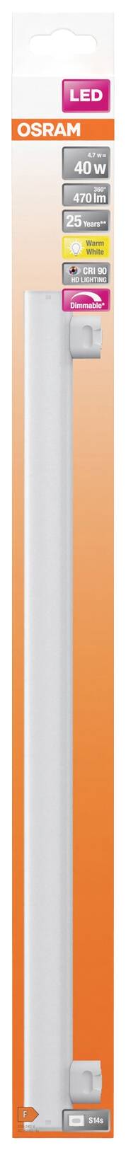 LED-Röhre in Verpackung, 40W Leistung, energysparend, warmweißes Licht. Verpackung ist orange und betont Energieeffizienz.