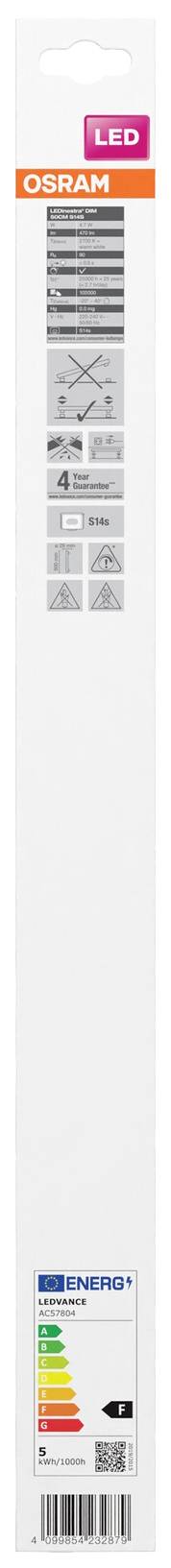 Verpackung einer LED-Lampe mit Energiesparlabel, Markenname oben, technische Symbole in der Mitte, Energiestufe 'A+' unten.