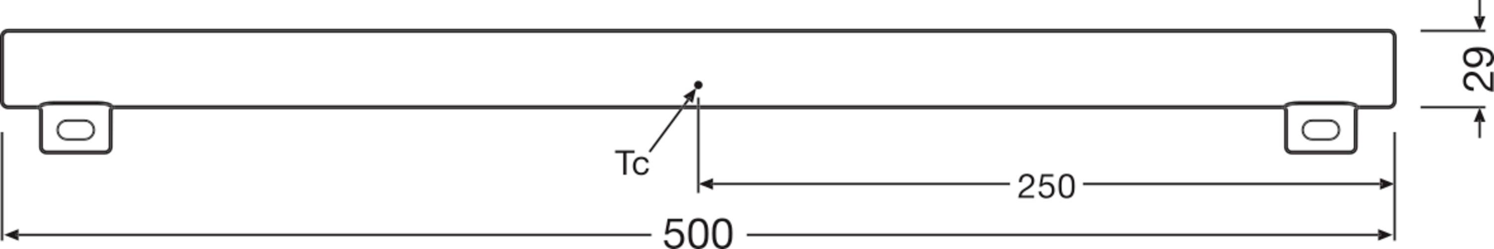 Technische Zeichnung eines Bauteils mit den Maßen 500 mm Länge, 29 mm Höhe. Abstand zwischen Befestigungen beträgt 250 mm.