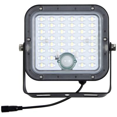 Ein rechteckiger LED-Strahler mit mehreren kleinen, leuchtenden LED-Lampen. Schwarzer Rahmen, befestigt an einer Halterung.