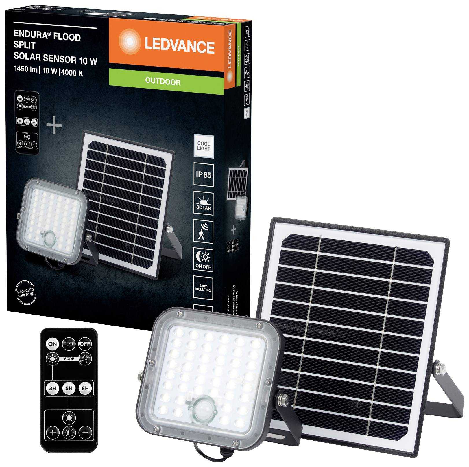 LED-Solarstrahler mit Sensor und Fernbedienung, Modell 'Endura Flood Split'. Verpackung zeigt technische Spezifikationen.