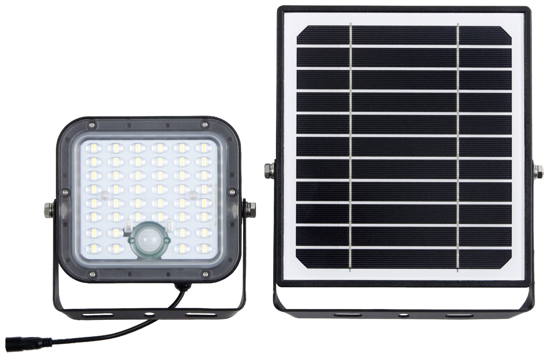 LED-Flutlicht mit Solarpanel, verbunden durch ein Kabel. Flutlicht links, Panel rechts. Energielösung für Außenbeleuchtung.