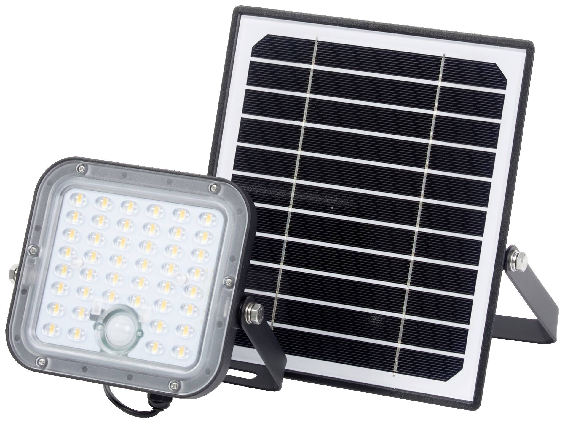 Solarlampe mit LED-Lichtpanel und separatem Solarpanel auf Ständern. Ideal für energiesparende Außenbeleuchtung.