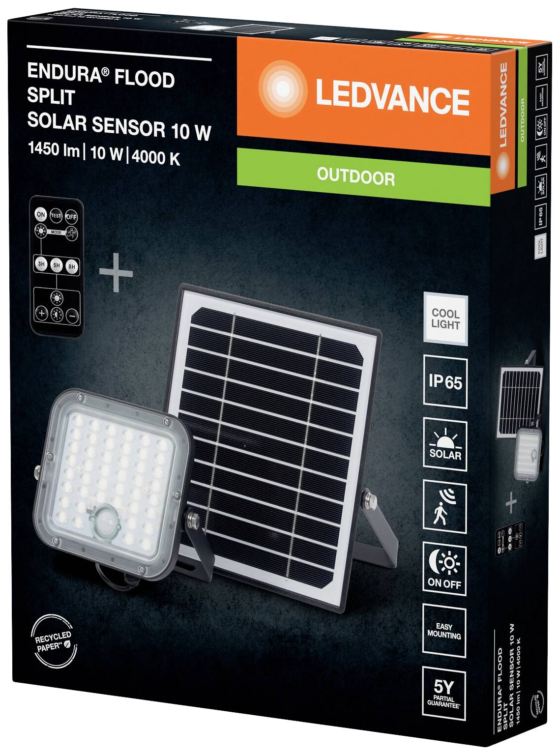 'LEDVANCE Endura Flood Split Solar Sensor 10W' in bunter Verpackung mit Abbildung des Produkts, 1450 lm, 4000K, IP65, für Außenbereich.