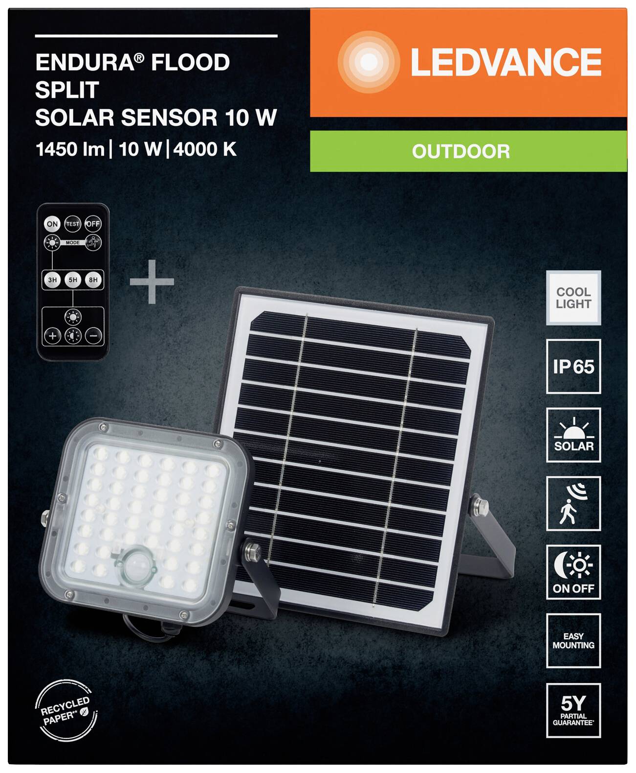 'LEDVANCE Endura Flood Split' Solarleuchte und Solarpanel abgebildet. Hauptmerkmale: 1450 lm, IP65, 4000 K, 5 Jahre Garantie, energiesparend.
