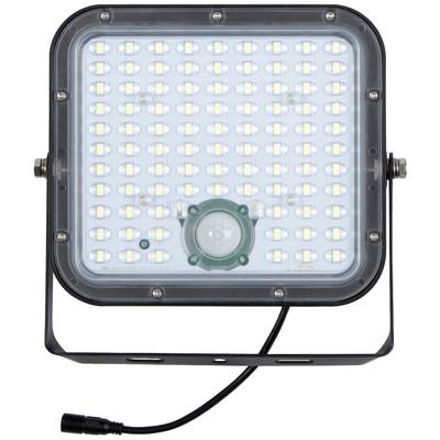 Ein rechteckiger LED-Scheinwerfer mit zahlreichen kleinen LED-Lichtern und einer zentralen runden Komponente, montiert auf einer Halterung.