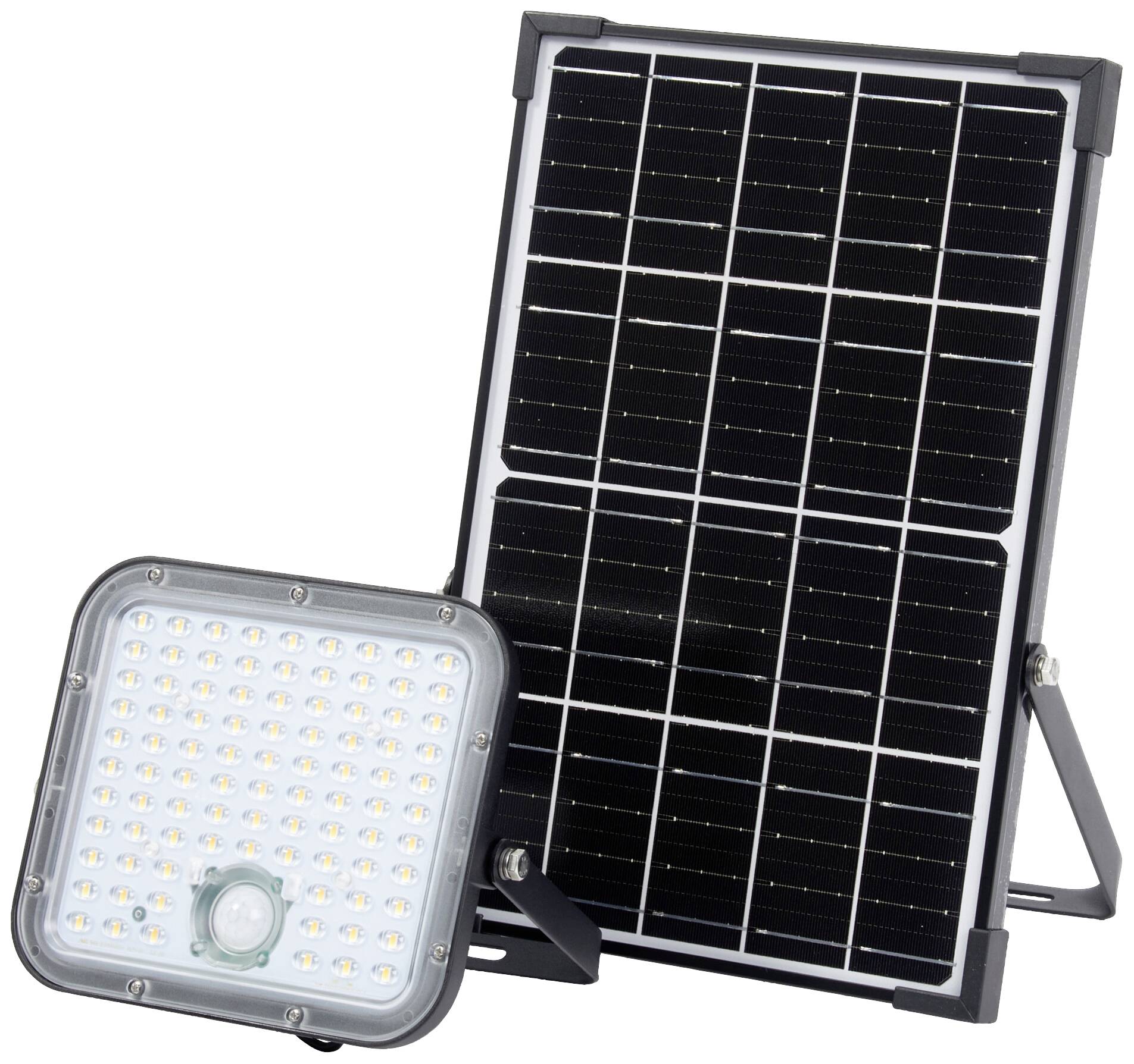 Solarmodul mit LED-Flutlicht, auf einem Ständer montiert.