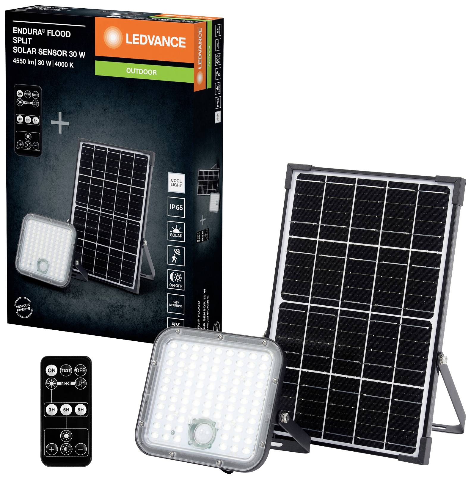 Solarflutlicht mit Solarpanel und Verpackung. Text 'ENDURA® FLOOD SPLIT SOLAR SENSOR 30 W, 4550 lm, 4000 K'. Fernbedienung sichtbar.