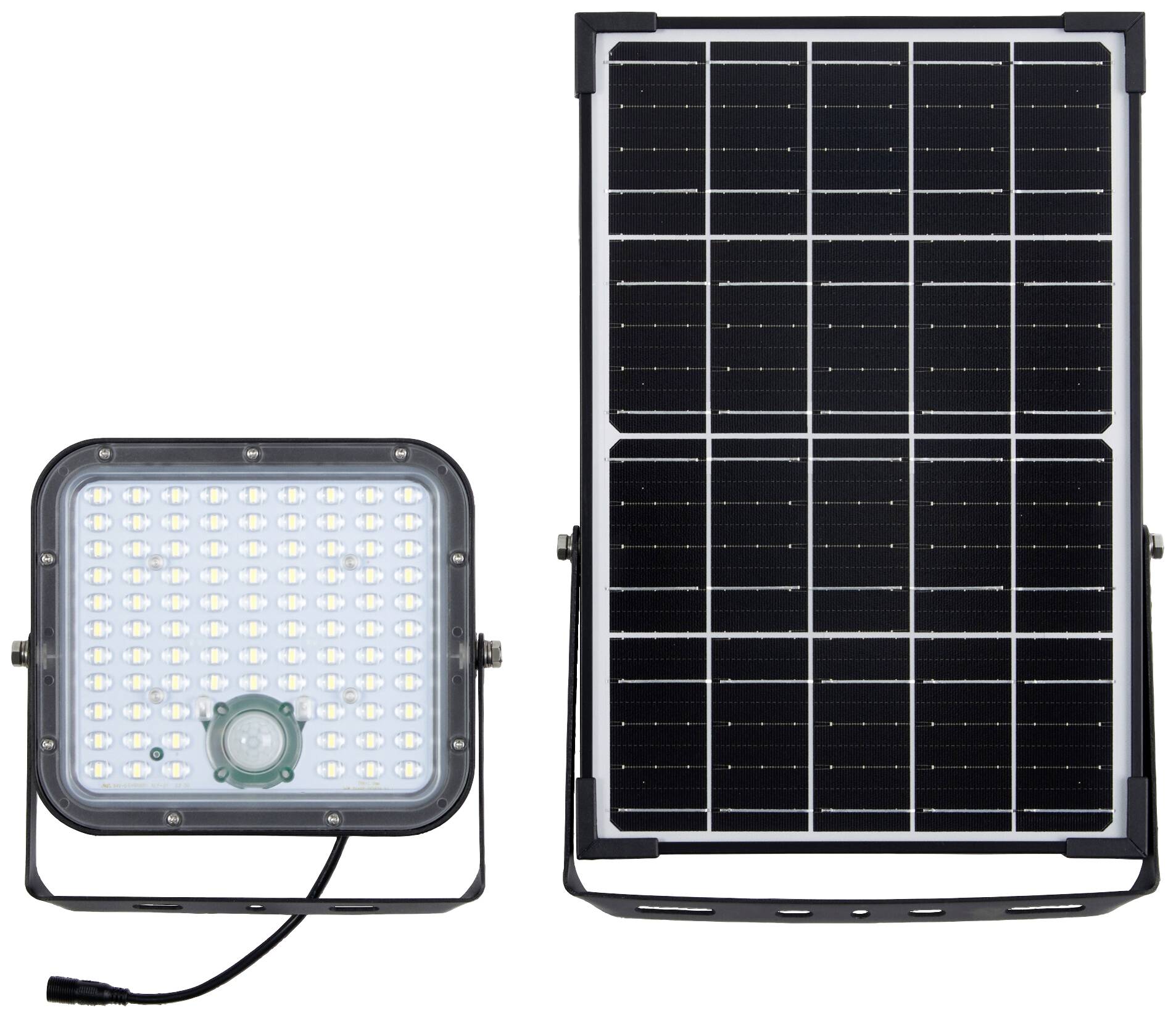 Solarlampe und Solarpanel: Eine LED-Leuchte links und ein Solarpanel rechts. Die Lampe hat ein Zugangskabel für die Stromverbindung.