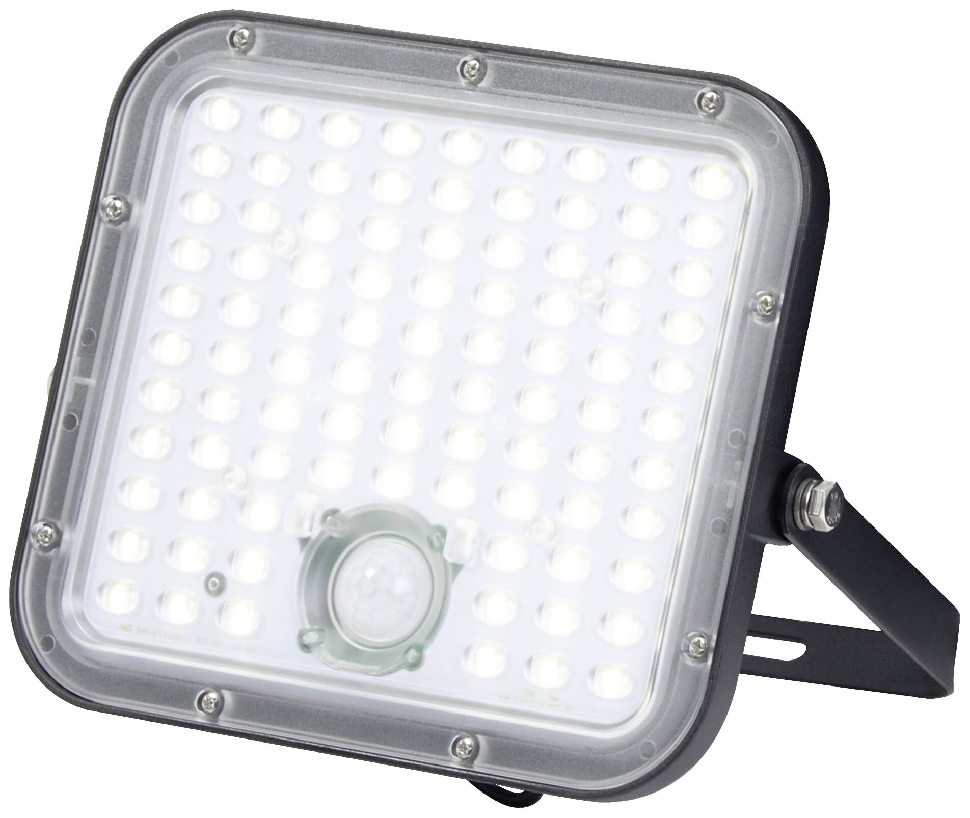 Ein quadratischer LED-Strahler mit zahlreichen kleinen Lichtern und einem Bewegungssensor in der Mitte. Montiert auf einem Ständer.
