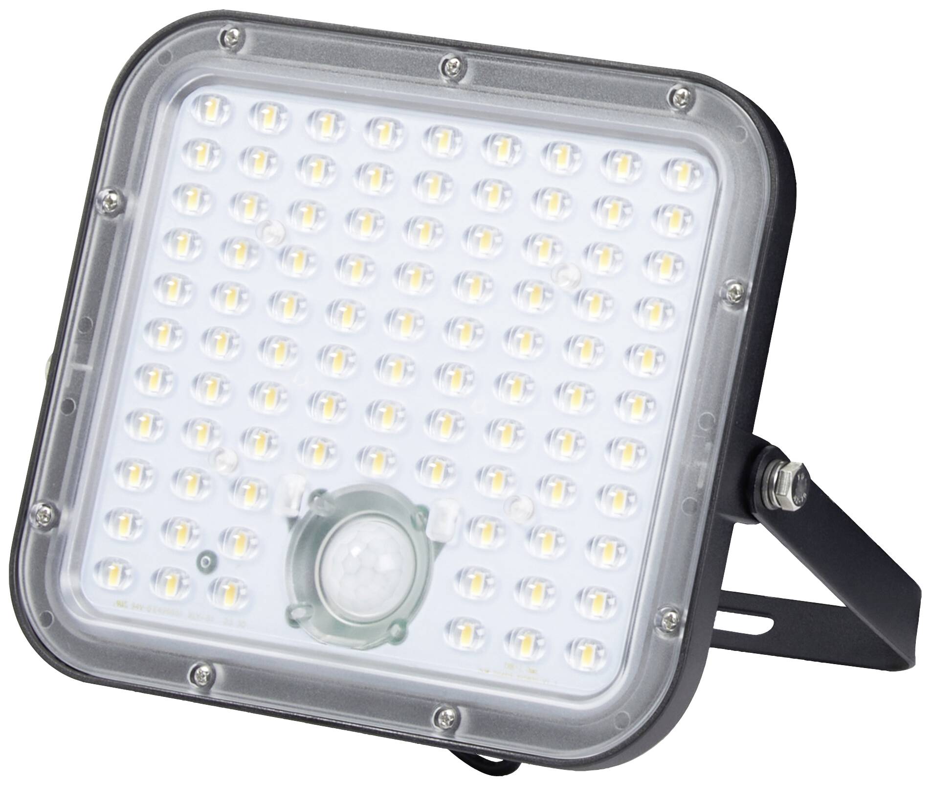Ein quadratischer LED-Strahler mit vielen kleinen Lämpchen und einem Bewegungssensor in der Mitte, befestigt auf einem Metallgestell.