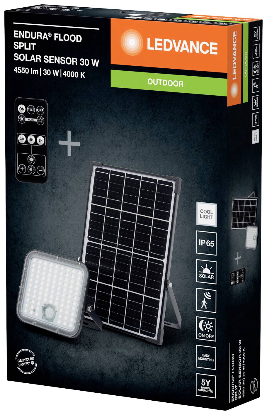 'LEDVANCE Endura Flood Split Solar Sensor 30 W' Produktverpackung mit Solarpanel, LED-Leuchte, Fernbedienung und technischen Spezifikationen.