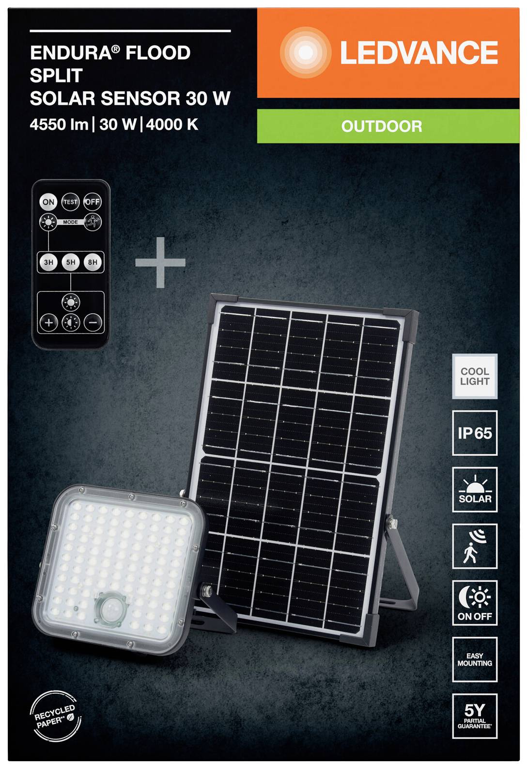 'Darstellung eines LED-Außenfluters mit Solarpanel, kühles Licht, IP65, 30 W, 4000 K, für einfache Montage. Enthält Fernbedienung.'