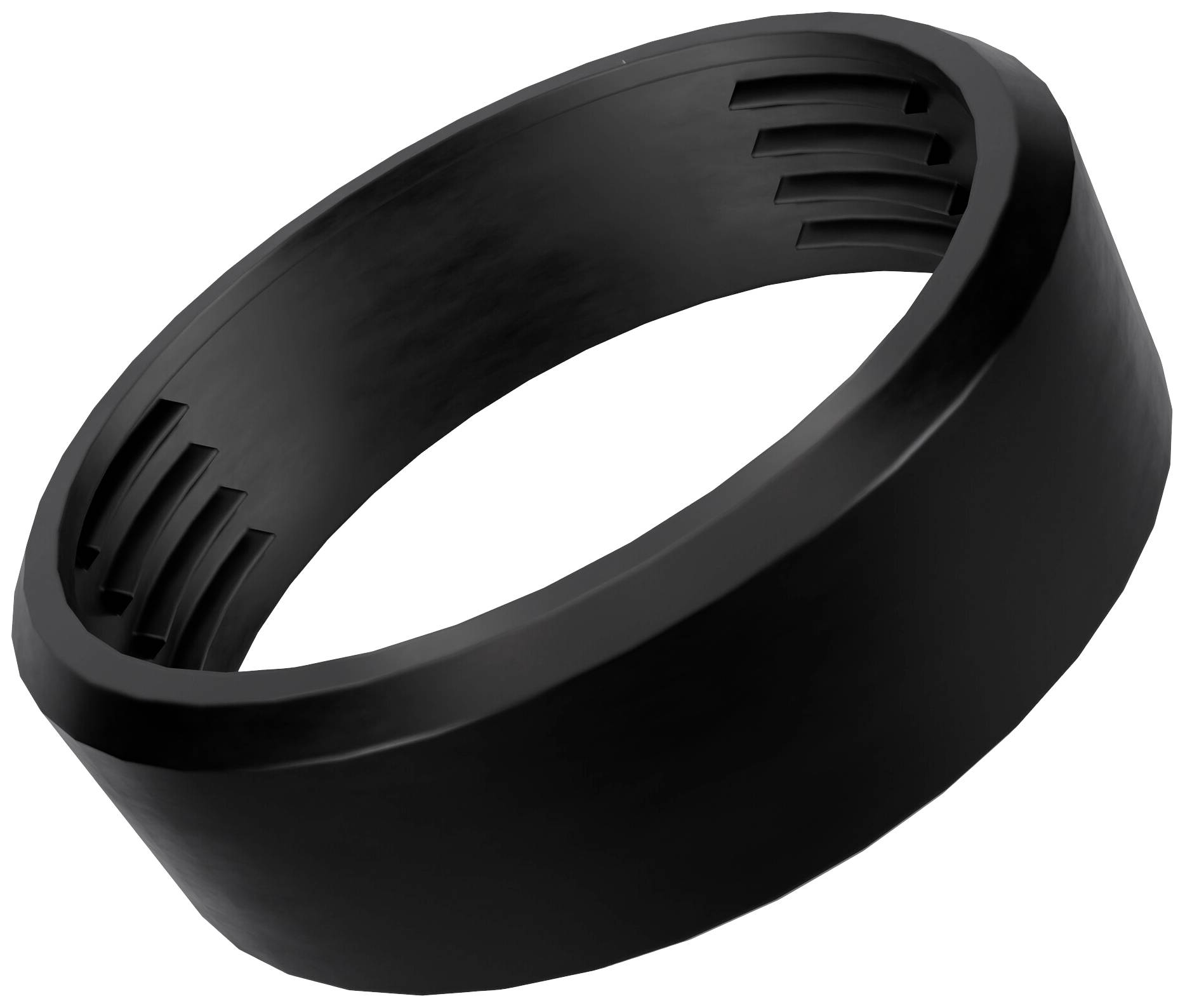 Ein schwarzer, abgerundeter Ring mit gerilltem Innenprofil, schwebt auf weißem Hintergrund.