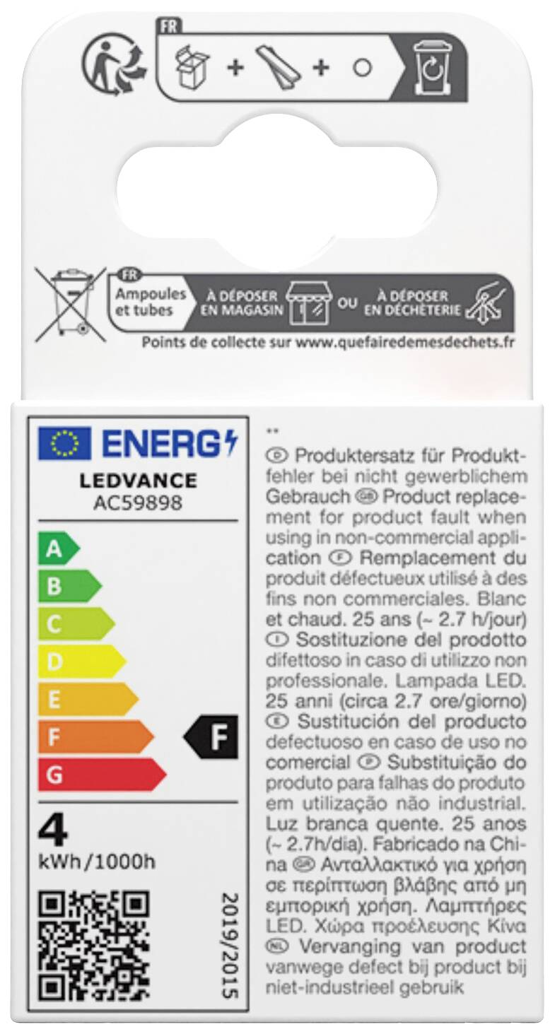 'Verpackung eines LED-Leuchtmittels der Marke Ledvance mit Energieeffizienzklasse F und einem Verbrauch von 4 kWh/1000h.'