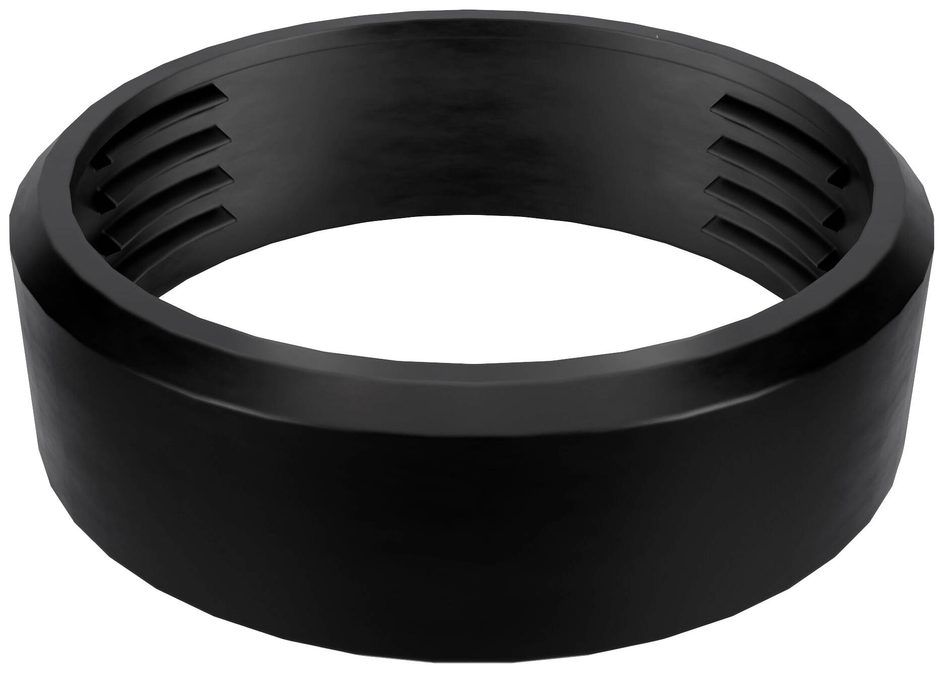 Schwarzer Gummiring mit gerillter Innenseite, vermutlich ein mechanischer Dichtungsring oder Teil einer technischen Vorrichtung.