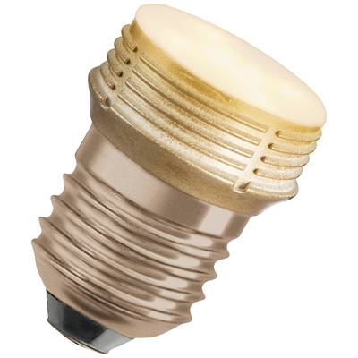 'Nahaufnahme einer LED-Glühbirne mit E27-Sockel in eingeschaltetem Zustand, zeigt warmes Licht und metallische Details.'