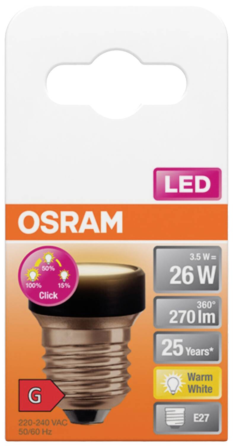 Glühlampe von OSRAM: 26 Watt, 270 Lumen, warmweiß, LED mit E27-Sockel, Energieklasse G, Lebensdauer 25 Jahre.