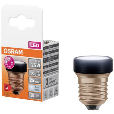 Eine OSRAM LED-Lampe in Verpackung. Details: 3,5 W, 26 W Ersatz, 270 lm, 25 Jahre Lebensdauer, kühles Weiß, E27-Fassung.