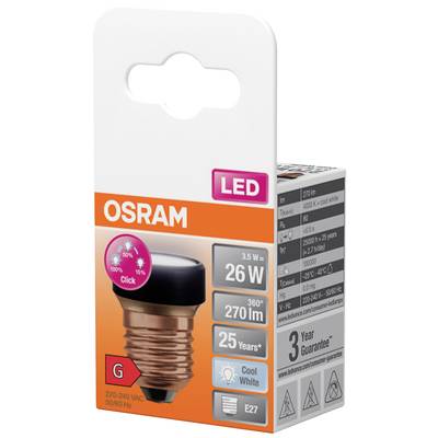 'LED-Lampe von OSRAM, 3,5 W, 270 Lumen, für E27-Fassungen. 25 Jahre Lebensdauer, coolweiß. 3 Jahre Garantie. Energieeffizienzklasse G.'