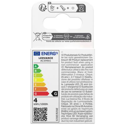 'Etiquette d'ampoule LED avec classement énergétique G, consommation de 4 kWh/1.000h. Informations en plusieurs langues sur recyclage et usage.'