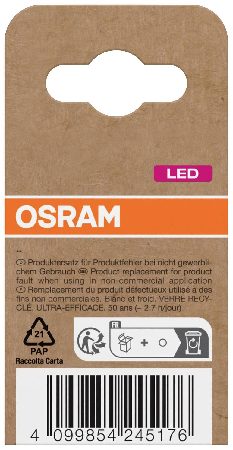 'OSRAM LED' Verpackungsrückseite mit Produktinformationen, Recyclinglogo und Barcode, geeignet für nicht-gewerblichen Gebrauch.