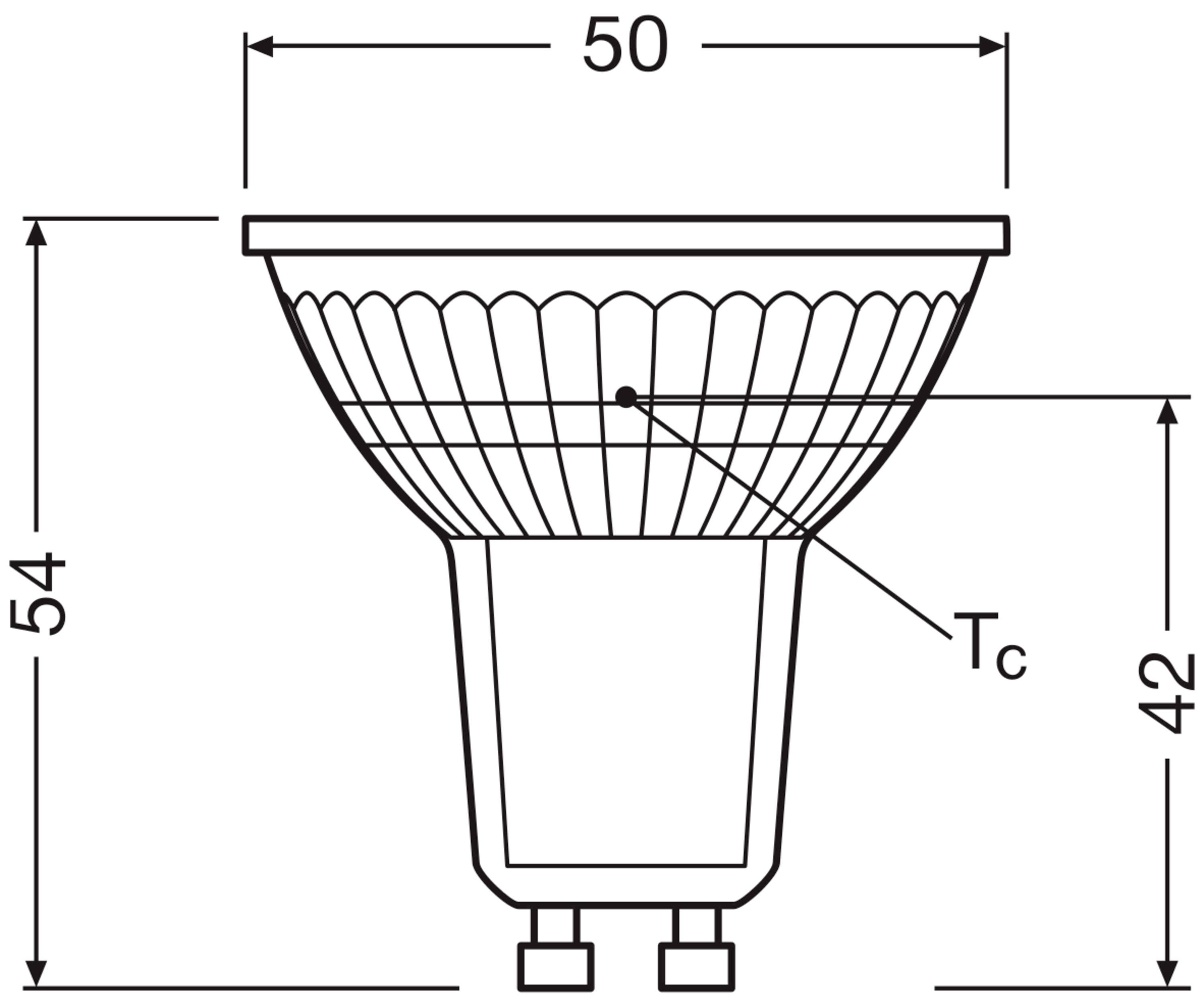 Technische Zeichnung einer GU10 LED-Lampe mit einem Durchmesser von 50 mm und einer Gesamtlänge von 54 mm. Der Messpunkt 'Tc' ist markiert.