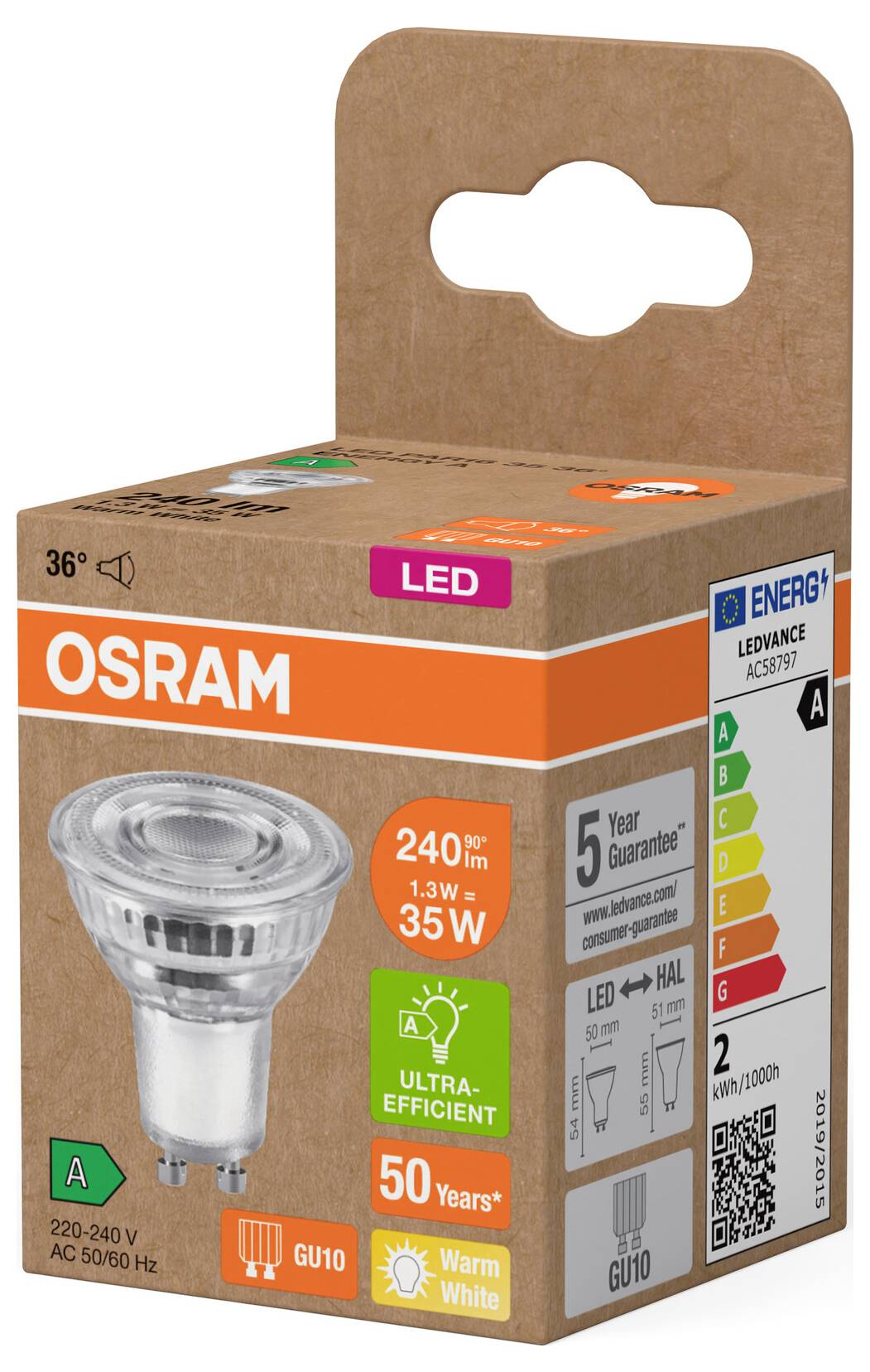 LED-Glühlampenverpackung von OSRAM. 240 Lumen, 1,3W entspricht 35W. Energiesparend mit Warmweißlicht, Energieklasse A.