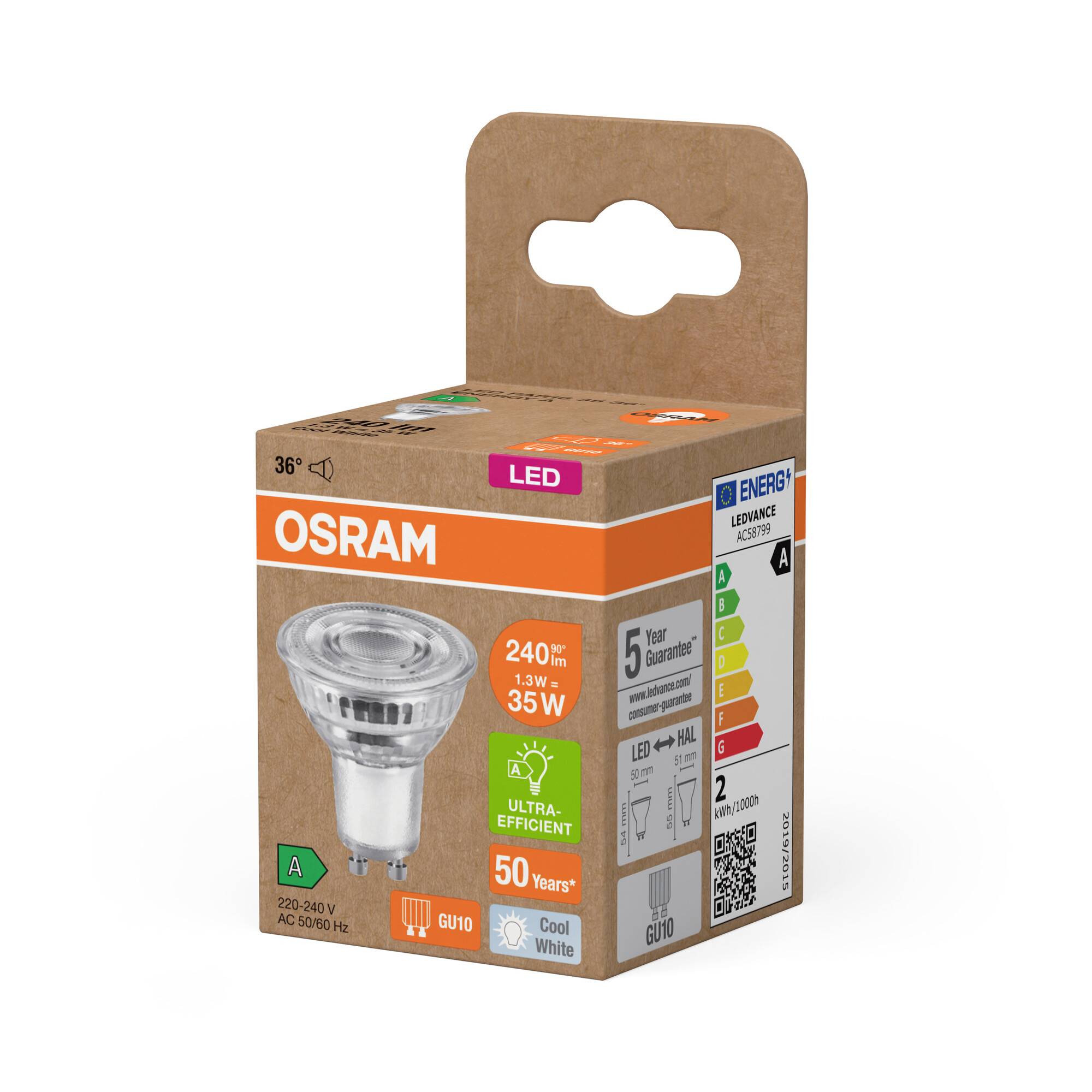 Glühbirnenverpackung der Marke OSRAM, zeigt LED-Lampe mit 240 lm, 1.3 W, ersetzt 35 W; Ultra-Effizienz, Energieklasse A, 50 Jahre Garantie.