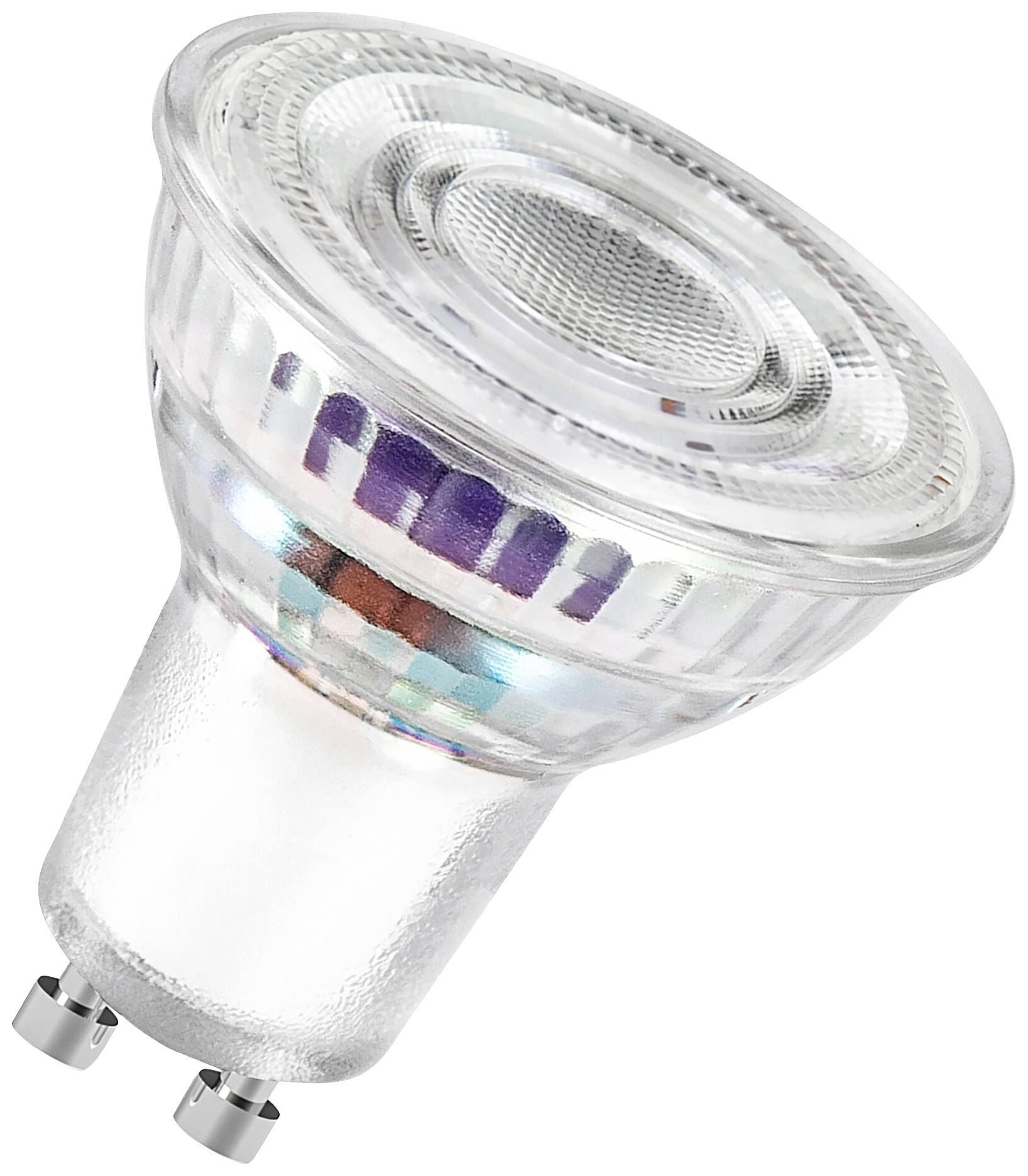 Glühbirne mit GU10-Sockel, transparentes Glasgehäuse, geeignet für Spotbeleuchtung.