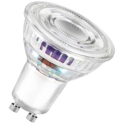 Glühbirne mit GU10-Sockel, transparentes Glasgehäuse, geeignet für Spotbeleuchtung.