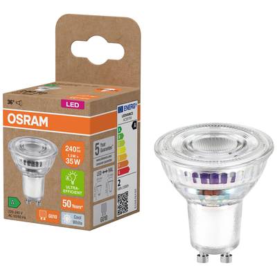 Eine LED-Glühbirne von OSRAM neben der Verpackung. Details wie Energieeffizienz, 240 lm, 35 W Ersatz, 50 Jahre Lebensdauer.