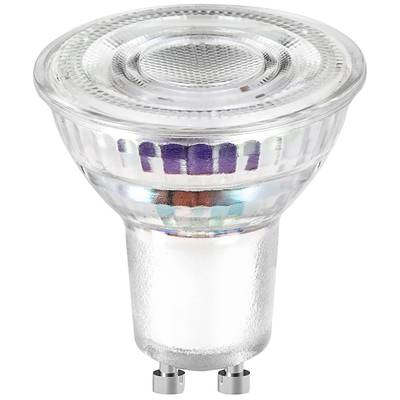 LED-Glühlampe mit klarem Gehäuse und GU10-Fassung. Die Lampe ist kompakt und wird häufig in Deckenspots verwendet.