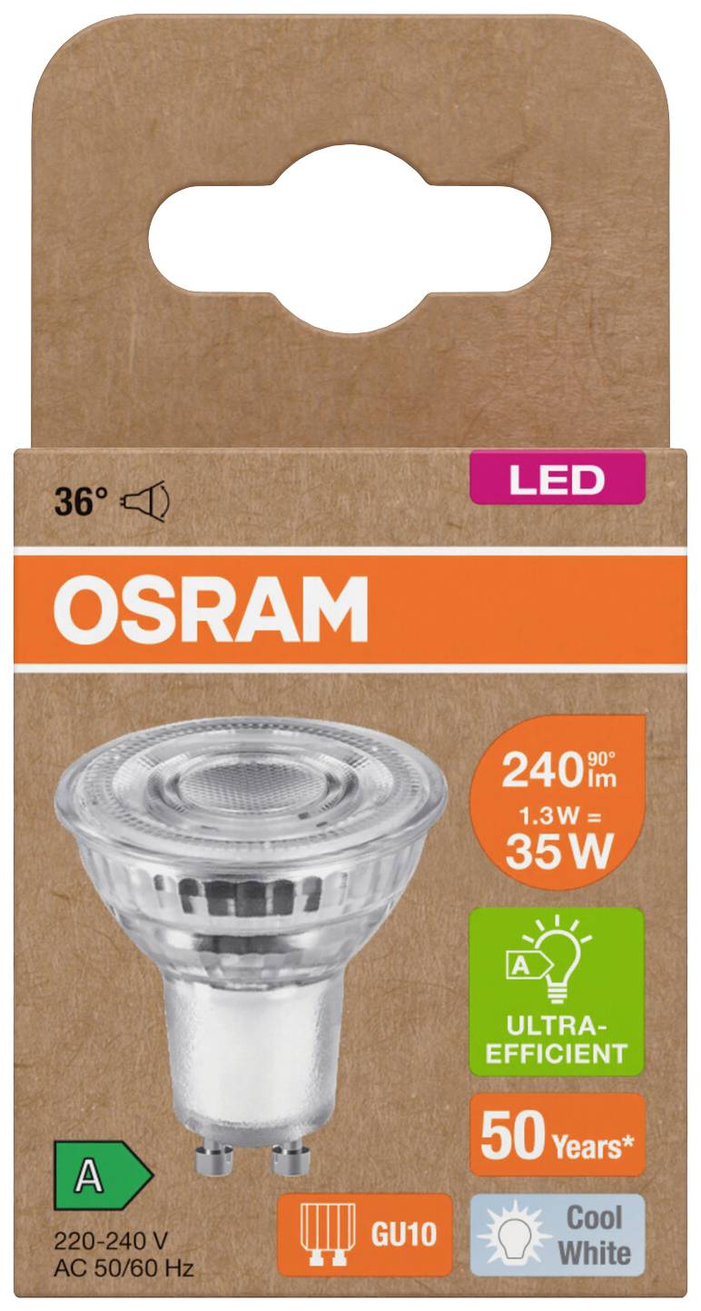 'Osram LED GU10 240lm, 1,3W, 35W Ersatz, ultra-effizient, 50 Jahre Lebensdauer, kaltweiß, Energieklasse A.'