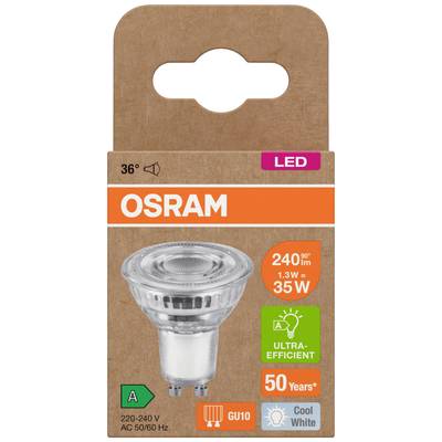 'Osram LED GU10 240lm, 1,3W, 35W Ersatz, ultra-effizient, 50 Jahre Lebensdauer, kaltweiß, Energieklasse A.'