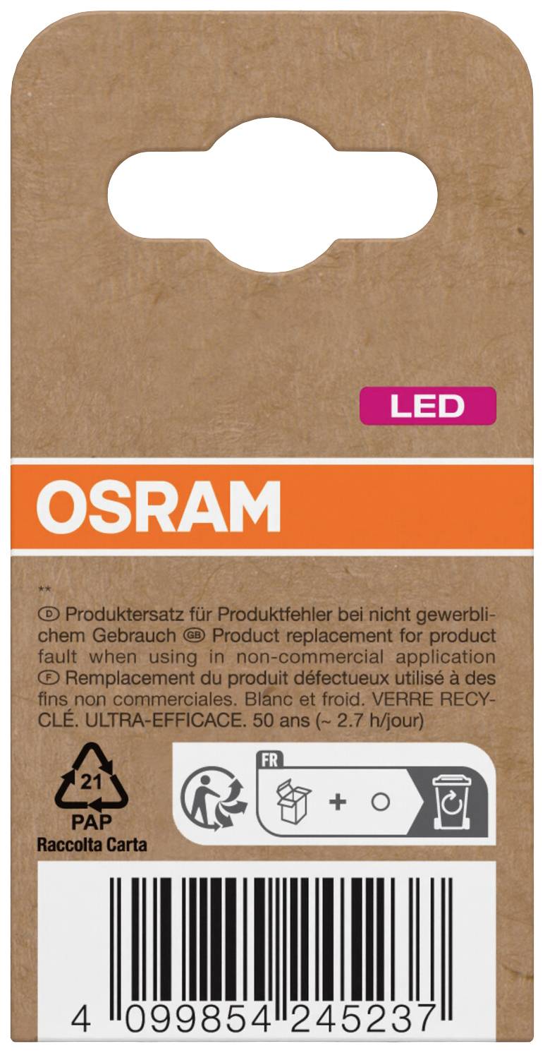 'OSRAM LED' Produktverpackung aus Pappe mit Logo, Symbolen für Recycling und Warnhinweisen. 21 PAP Recyclingcode unten links.