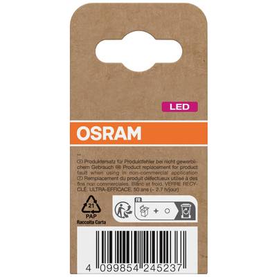 'OSRAM LED' Produktverpackung aus Pappe mit Logo, Symbolen für Recycling und Warnhinweisen. 21 PAP Recyclingcode unten links.