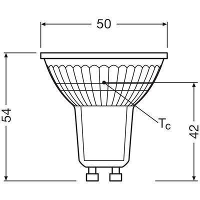 Technische Zeichnung einer GU10-LED-Lampe mit Maßen in Millimetern: Durchmesser 50, Höhe 54, Punkt Tc bei 42.