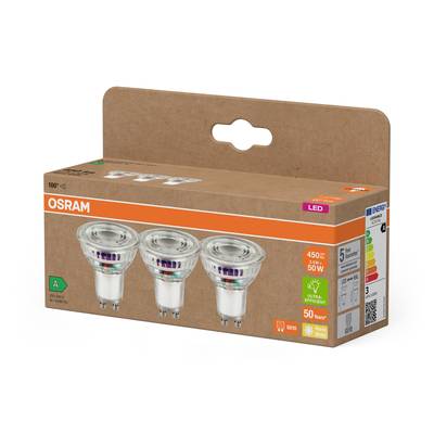 Eine Packung OSRAM LED-Lampen, bestehend aus drei Stück mit 450 Lumen, geeignet als 50W Ersatz, Energieklasse A++.