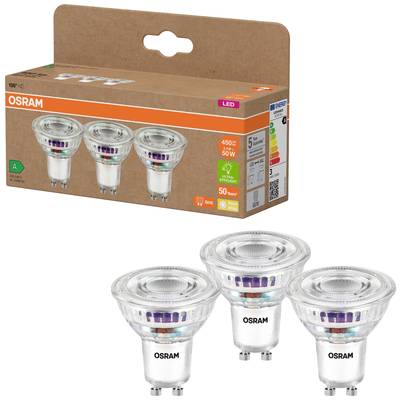 Eine Packung mit drei OSRAM LED-Glühbirnen. Energiesparend, 450 Lumen, 50 W Leistung, geeignet für GU10-Fassungen.