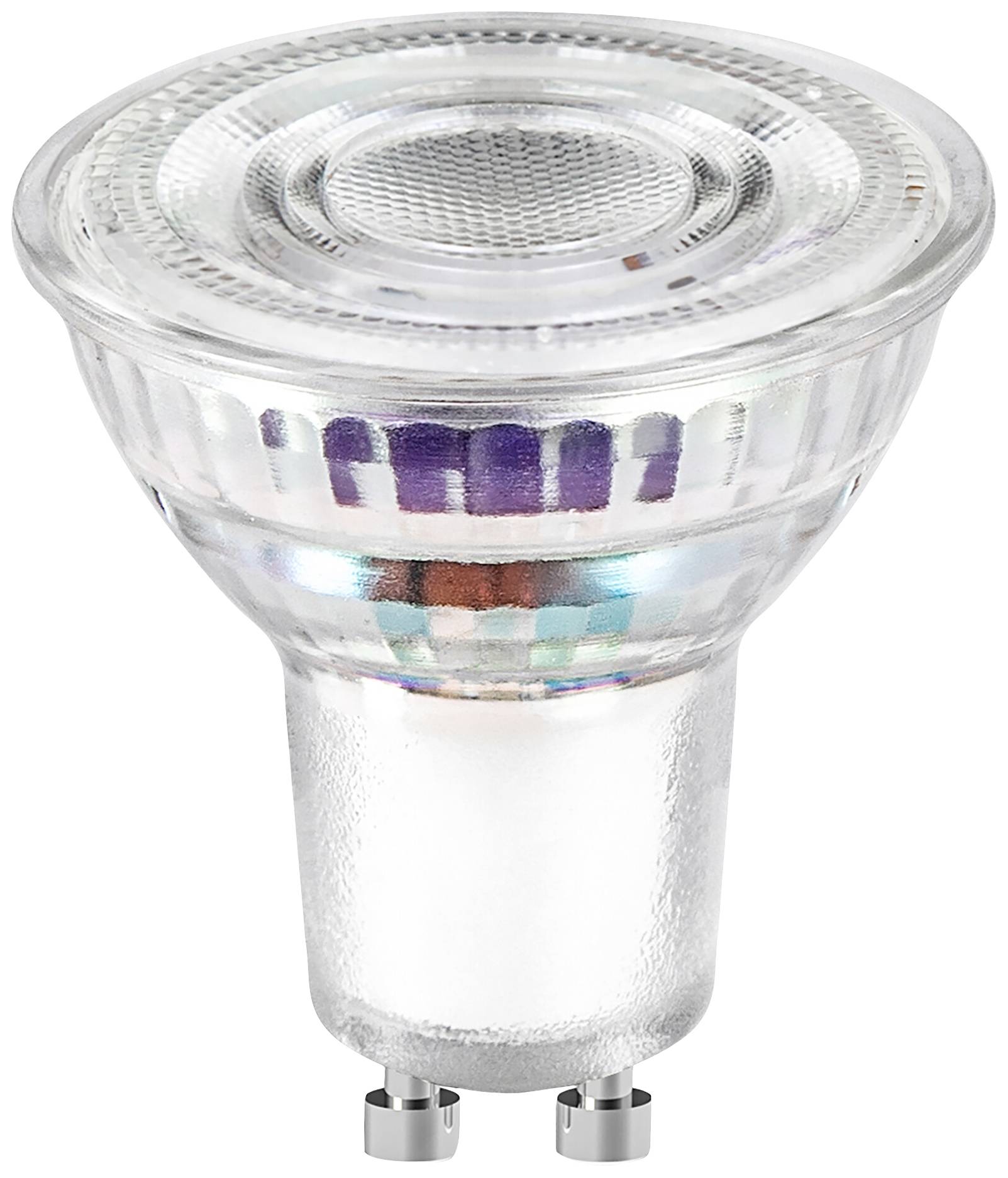 Eine transparente LED-Glühbirne mit GU10-Sockel, geeignet für moderne Einbauleuchten. Klarer Körper zeigt innenliegende Farbringen.
