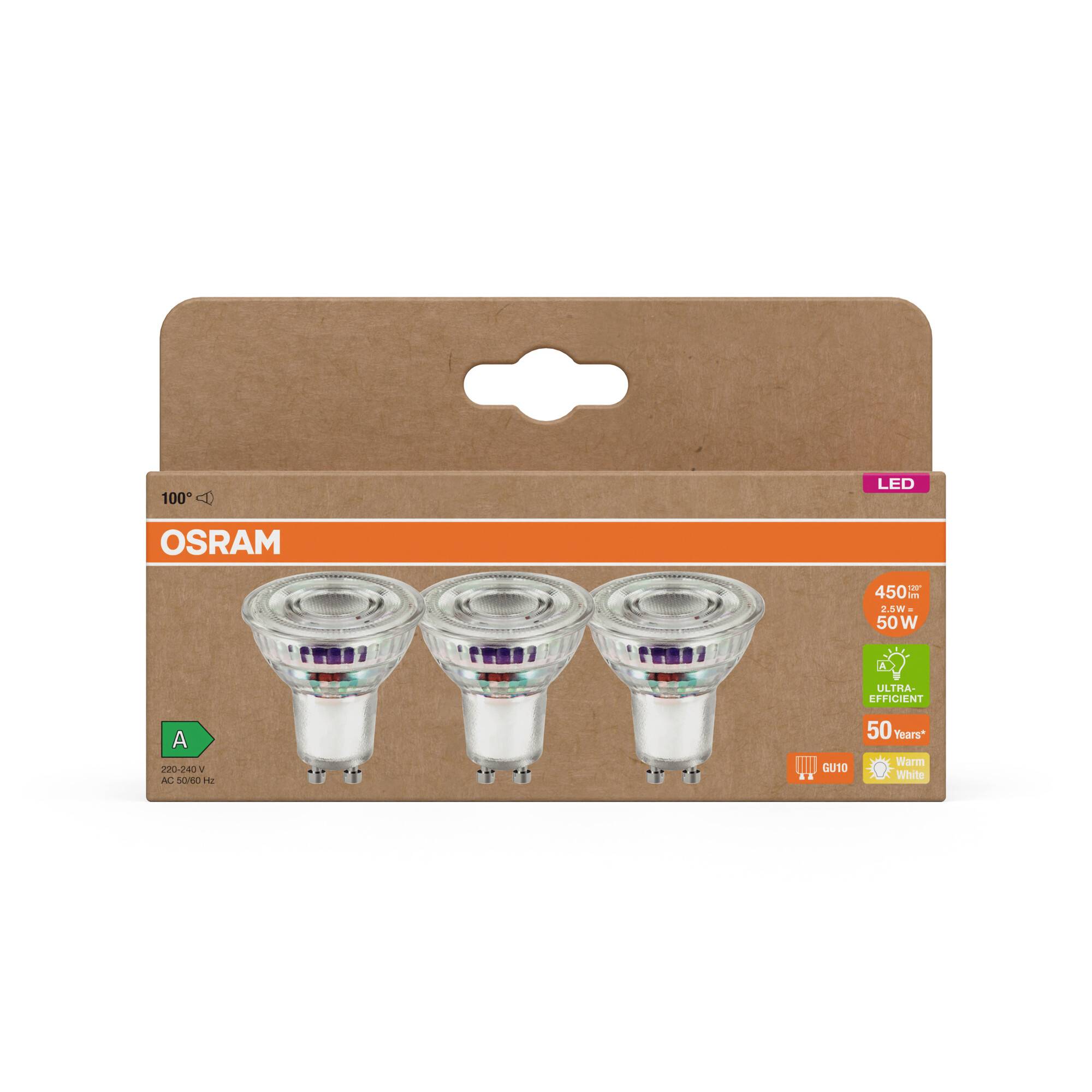 Verpackung von OSRAM LED-Glühbirnen, 3er-Pack, 450 lm, 50 W, Energieeffizienzklasse A.